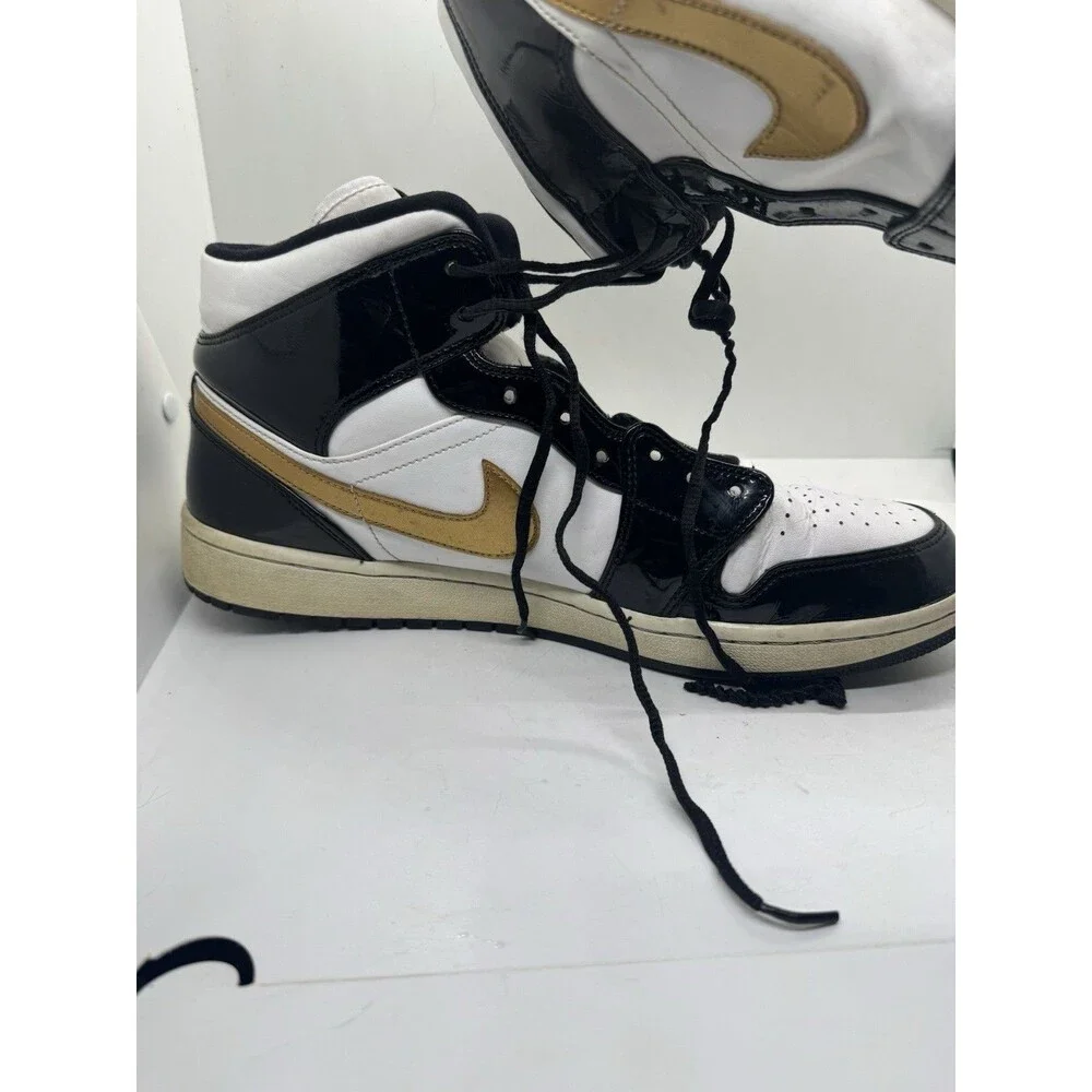 Nike Air Jordan 1 Mid Patent Black White Gold Mens 13 Shoes Sneakers 852542 007
